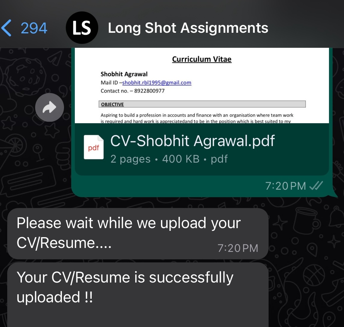 Chatbot collects Resume after the candidate is Shortlisted